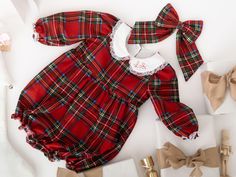 Red Plaid Baby Romper - A Perfect Holiday Outfit Celebrate the holidays with our Plaid Baby Romper, a charming outfit that's perfect for your little one's first Christmas or any festive occasion.  This bubble romper features a classic Peter Pan collar and vintage-inspired details, creating a timeless look for your baby. The set can be paired with a matching plaid bow and cozy socks, completing the ensemble for your holiday photoshoot. Key Features: - Soft & Cozy: Crafted from high-quality cotton Vintage Baby Outfits, Baby Christmas Dress, Woman Costumes, Bump Ahead, Christmas Romper, Monogram Outfit, Holiday Photoshoot, Plaid Baby, My First Christmas