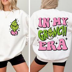 two pictures of a woman wearing a sweatshirt with the words in my grouch era on it