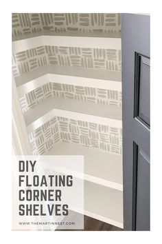 the corner shelves are painted with white paint and have black lettering on them that says diy floating corner shelves