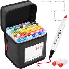 a bag filled with markers and pens next to it's contents on a white background