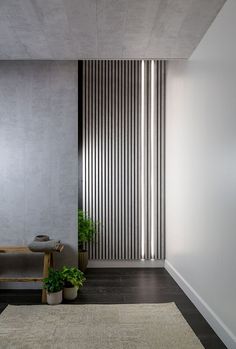 a living room with a rug, table and plant in front of a wall that has vertical slats on it