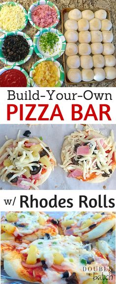 several different types of pizzas with the words build your own pizza bar