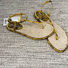 Adorable Flat Sandal With Ankle Closure! Espadrille Footbed Cushioned Heel Regular Fit True To Size Yellow Synthetic Flip Flops For Beach Season, Yellow Flip Flops For Vacation, Yellow Casual Flip Flops For Beach, Adjustable Yellow Synthetic Flip Flops, Yellow Synthetic Flat Flip Flops, Casual Yellow Flip Flops For Beach, Yellow Flat Synthetic Flip Flops, Yellow Sandals With Cushioned Footbed For Spring, Casual Yellow Flip Flops With Cushioned Footbed