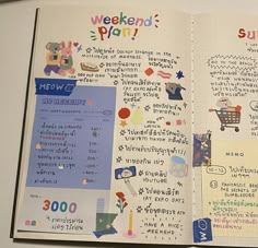 an open notebook with stickers and writing on it