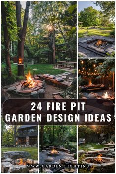 a collage of photos of a fire pit with a fire in it Fireplace In Garden Outdoor, Fire Pit Playground Backyard, Fun Fire Pit Ideas, Fireplace Garden Ideas, Fire Pit Outdoor Area, Umbrella Over Fire Pit, Wood Firepits Backyard, Black Fire Pit Ideas Backyard