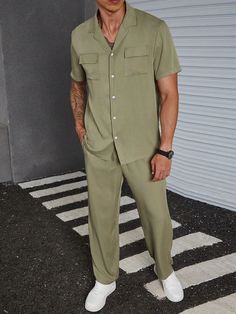 All Green Outfit Men, Olive Green Men Outfit, Mens Simple Outfits, Classy Casual Outfits Men, Olive Outfit Men, Olive Green Outfit Men, Men Two Piece Outfit, Green Men Outfit, Green Outfits Men