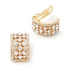 Gold Crystal Rhinestone Pave Rectangle Arch Clip Earrings Rectangular Crystal Earrings For Party, Gold Rectangular Crystal Earrings For Party, Rectangular Crystal Jewelry With Sparkling Stones, Rectangular Metal Jewelry For Parties, Rectangular Crystal Jewelry For Party, Rectangular Cubic Zirconia Jewelry With Rhinestones, Rectangular Crystal Jewelry For Evening, Glamorous Gold Rectangular Jewelry, Bridal Earrings Gold