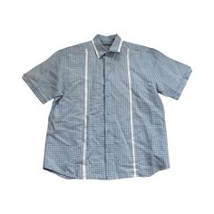 -Description- >men's light blue & white plaid retro shirt >collared >button front >heavy material  >condition: great >color(s): light blue & white >fabric(s): 55 linen / 45 rayon >brand: cubavera -Measurements- >size: large ✩ all measurements are taken with the item laying flat & some sizes are estimates so please check measurements ✩ chest: 46 " / 117cm length: 29" / 74cm shoulder to sleeve end: 10" / 25cm shoulders: 20" / 51cm -social media- instagram: @voguevibesvintage  #60 VVV4602 Blue Collared Flannel Shirt, Retro Blue Button-up Camp Shirt, Vintage Blue Flannel Shirt, Blue Button-up Shirt With Geometric Pattern, Cheap Blue Button-up Flannel Shirt, Guayabera Shirt, Blue Plaid Shirt, Blue And White Fabric, Mens Shirt