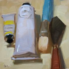 an oil painting of various items on a white tablecloth, including toothbrushes and cream