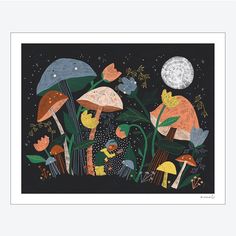 an illustration of mushrooms in the night sky