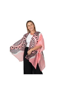 Aboriginal Australian Ladies Shawl Style: Shawl with armholes Fabric: 100% Polyester - Light Chiffon Dimensions: 112cm (W) x 80cm (H) Story: Boobie Sista Artist: Zowie Baumgart  Our Chiffon Shawls are the perfect accessory to add interest and flair. Available in a generous single size, our shawls are tailored with arm holes for the perfect fit. The light fabric drapes beautifully and adds colour to your outfit without heaviness or bulk. Great to layer on for a trip to the beach or glam it up for One Size Summer Shawl, Casual Multicolor Summer Shawl, Pink One Size Shawl, Pink Shawl Scarf For Beach, Pink Scarf For Spring Beach Outing, Ladies Shawl, Orchid Roots, Australian Gifts, Shawl Style