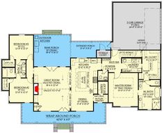 the first floor plan for a home with two master suites and an open kitchen area