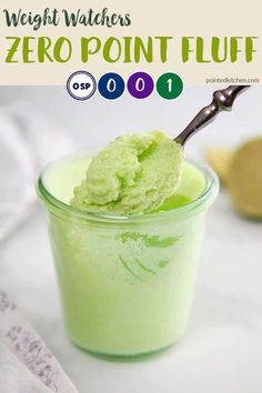 a person scooping lime ice cream into a small glass cup with the text, weight watchers lime fluff