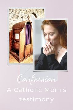 a woman is praying in front of an old fashioned phone booth with the words, confersion a catholic mom's testimon