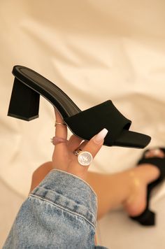 Shop Black Block Heel Mules at MISSLOLA.COM Block Heel Mules, Pretty Sandals, Fashion Shoes Heels, Shoes Heels Classy, Heeled Mules Sandals, Black Block Heels, Beautiful Sandals, Heels Classy, Heel Mules