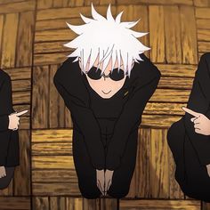 an anime character with white hair and black glasses sitting on a wooden floor, pointing at something