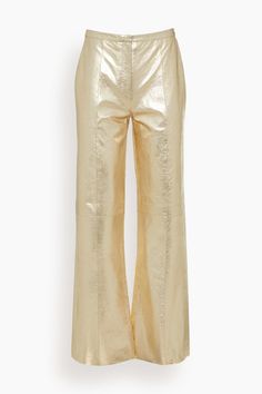 Forte Forte Pants Laminated Leather Palazzo Pants in Stardust Leather Pants Wide Leg, Rise Gold, Gold Lame, Bid Day, Pants Wide Leg, Palazzo Pants, Stardust, Model Measurements, Laminate