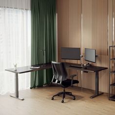 a desk with two computer monitors on it