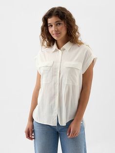 Utility Shirt | Gap Factory Casual Blouse With Roll-up Sleeves And Shirttail Hem, Casual Shirt With Rolled Sleeves And Shirttail Hem, Casual Cotton Blouse With Buttoned Pockets, Casual Tops With Buttoned Pockets For Gatherings, Casual Tops With Buttoned Pockets, Casual Blouse With Pockets For Gatherings, Casual Blouse With Buttoned Pockets And Shirttail Hem, Casual Blouse With Pockets For Casual Gatherings, Casual Blouse With Button Closure For Gatherings