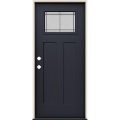 a black front door with two round glass panels on the top and bottom part of it