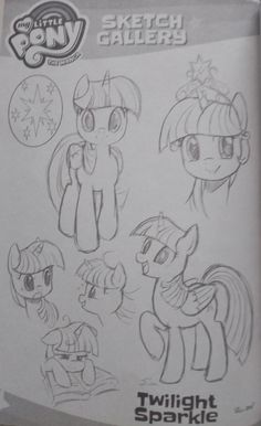 an open book with drawings of pony characters on it's pages, and the title in