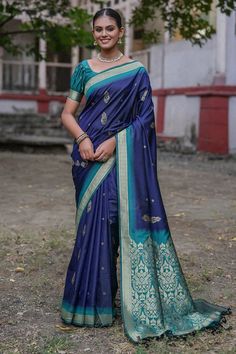 Navy Blue Color Weaving Work Function Wear Art Silk Fabric Saree Luxury Blue Saree With Zari Weaving, Navy Blue Saree, Blue Silk Saree, Work Function, Simple Sarees, Silk Saree Blouse, Blue Saree, Navy Blue Fabric, Soft Silk Sarees