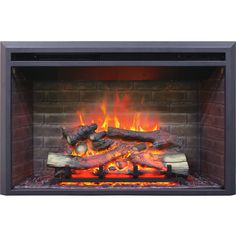 an electric fireplace with logs and flames