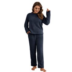 Navy Blue Plush Hoodie with Pant Loungewear Set Women's Pajamas, Casual Home, Suit Style, Loungewear Set, Hooded Sweater, Pajamas Women, Raglan Sleeve, Warm Winter, Daily Wear