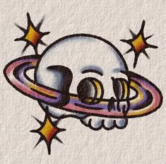 a drawing of a skull with saturn in the background and stars on it's side