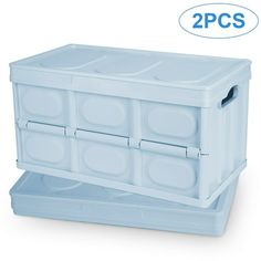 two plastic storage containers with lids on each side and one lid open to show the bottom