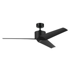 a black ceiling fan with two blades on it's sides and one blade pointing upward