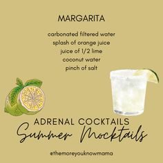 the ingredients for margarita cocktails are shown in this graphic style, including lemon and lime