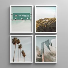 four square pictures with the names of los angeles and palm trees in front of them