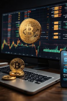 a laptop computer sitting on top of a desk next to a gold bitcoin