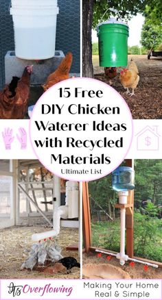 chicken water ideas with recycled materials and text overlay that reads, 15 free diy chicken water ideas with recycled materials ultimate list