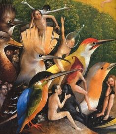 the painting depicts many different birds and people