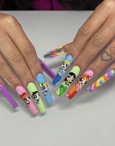 Colourful long coffin nails, inspired by the power puff girls. Nails done by a beautiful girl Hand Drawn Nail Art, Hello Kitty Nails Art, Cute Animations, Character Nails, Cartoon Nail Art, Girls Nail Designs, Unghie Nail Art, Cartoon Nails, Powerpuff Girl