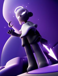 a cartoon character standing in front of a purple background