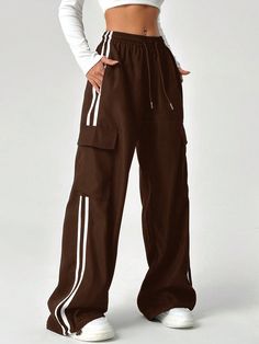 Women Casual Color Block Striped Drawstring Waist Workwear Long Pants Brown Casual   Woven Fabric Plain,Striped Straight Leg Non-Stretch  Women Clothing, size features are:Bust: ,Length: ,Sleeve Length: Pants Inspo Aesthetic, Baggy High-waisted Pants For Streetwear, Cheap High-waisted Women's Parachute Pants, Cheap Full-length Streetwear Pants, Cheap Brown Streetwear Pants, Street Wear Pants, Cheap High-waisted Parachute Pants With Pockets, Aesthetic Bottoms, 90 Pants