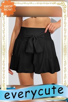 Black Ruffle Hem Tie Waist Wide Leg Culotte Chic Summer Bottoms With Bow Detail, High Waist Black Ruffled Shorts, High Waist Black Shorts With Ruffles, Black High-waisted Ruffled Shorts, Black Ruffled Shorts For Summer, Summer Black Ruffled Shorts, Bottoms Shorts, Black Ruffle, Ruffle Hem