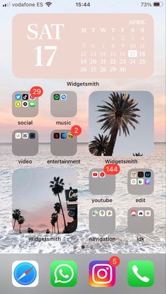 an iphone screen with the calendar on it and icons in different colors, including palm trees