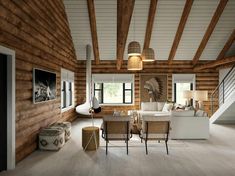 a living room filled with furniture next to a wooden wall and ceiling mounted light fixture