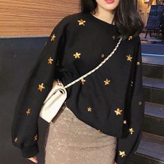 Material: Cotton, Polyester; Color: Black, Pink; Size: one size Length-65cm, Bust-126cm, Shoulder-68cm, Sleeve-46cm; (2.54cm=1inch). Black Star Print Sweatshirt For Winter, Long Sleeve Star Print Tops For Fall, Long Sleeve Tops With Star Print For Fall, Fall Star Print Crew Neck Sweatshirt, Trendy Long Sleeve Star Print Sweatshirt, Oversized Long Sleeve Tops With Star Print, Black Long Sleeve Sweatshirt With Star Print, Black Star Print Top For Winter, Casual Black Star Print Sweater