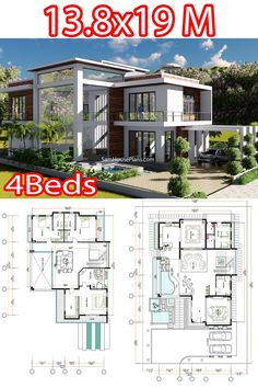 two story house plan with 3 beds and 2 bathrooms in the front, an open floor plan