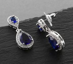 Sapphire Cubic Zirconia Teardrop Wedding or Bridesmaids Earrings Jewel Tone Earrings, Winter Wedding Accessories, Blue Gemstone Earrings, Something Blue Bridal, Formal Earrings, Understated Glamour, Prom Earrings, Round Halo, Platinum Jewelry