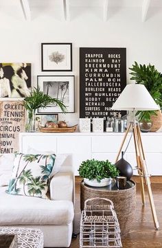 a living room filled with lots of plants and pictures on the wall above it's couch