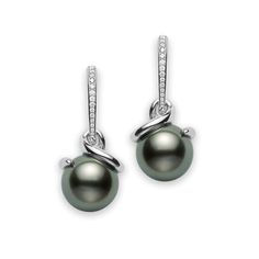 Mikimoto presents this elegant set of pearl earrings in the Twist collection. Each 18K white gold earring features a single black South Sea pearl that is captured by a lovely swirl and dangles from a French hook that is adorned with white diamonds. These stellar Mikimoto earrings are bound to enhance your look. Elegant Tahitian Pearl Earrings For Wedding, Elegant Tahitian Pearl Wedding Earrings, Elegant Black Round Pearl Earrings, Elegant Tahitian Pearl Earrings For Formal Occasions, Elegant Black Tahitian Pearl Earrings, Elegant Black Pearl Drop Earrings, Elegant White Gold Tahitian Pearl Earrings, Elegant Tahitian Pearl Earrings For Anniversary, Elegant Tahitian Pearl Round Earrings