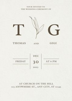 an elegant wedding card with the initials t and g in black ink on white paper