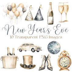 watercolor new years eve clipart set with champagne, balloons, hats, shoes and gifts