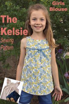 Girls Blouse Sewing Pattern. The Kelsie girls blouse pattern is for ages 2 years to 8 years. There are a number of options for sleeves, frills, ribbons, trims and more. A pretty summer blouse to sew for toddlers and girls. #SewModernKids Sewing Leggings, Girls Top Pattern, Cotton Blouse Pattern, Blouse Pattern Free, Blouse Tutorial, Blouse Sewing Pattern, Tops Sewing, Blouse Sewing